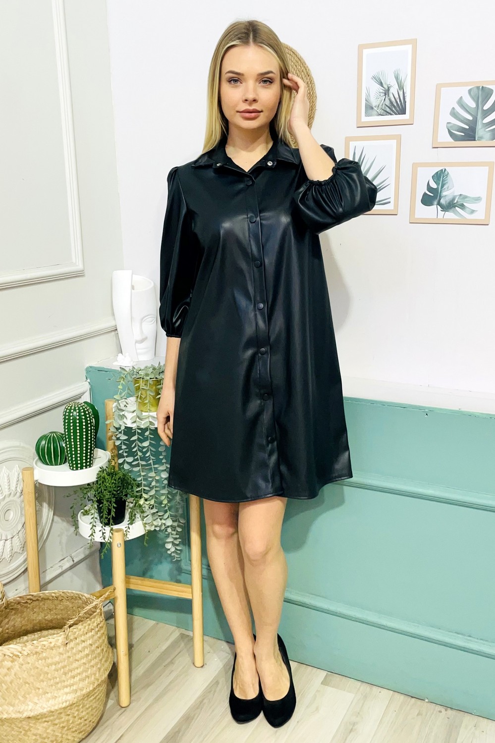 Deri Mini Gomlek Elbise/Siyah